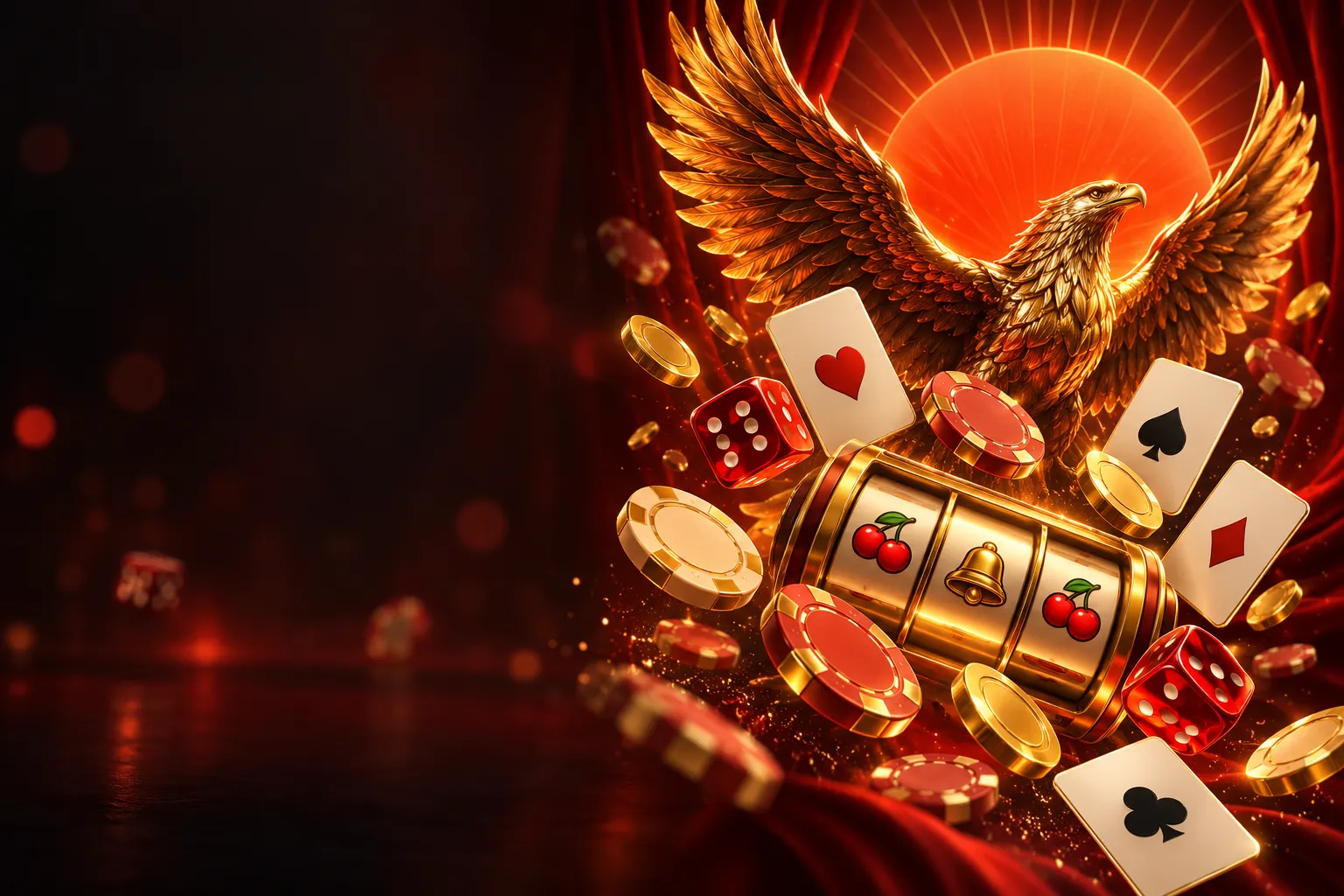 Águila dorada de Hoywin frente a un sol rojo, con fichas, dados y cartas de casino